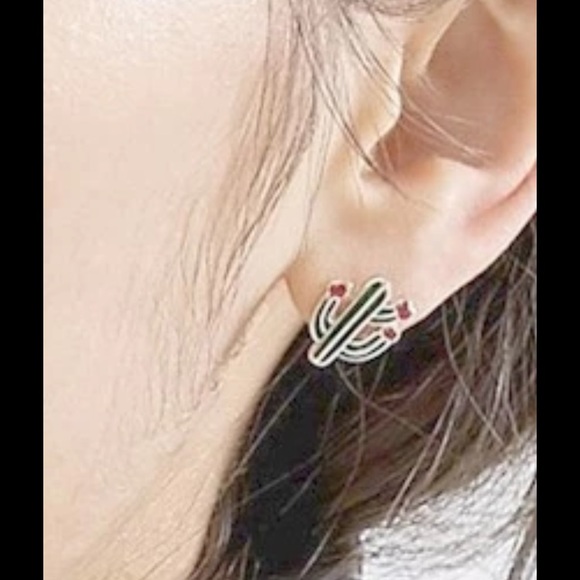 Cutesy Cactus Stud Earrings Green Red Dainty New - Picture 3 of 5